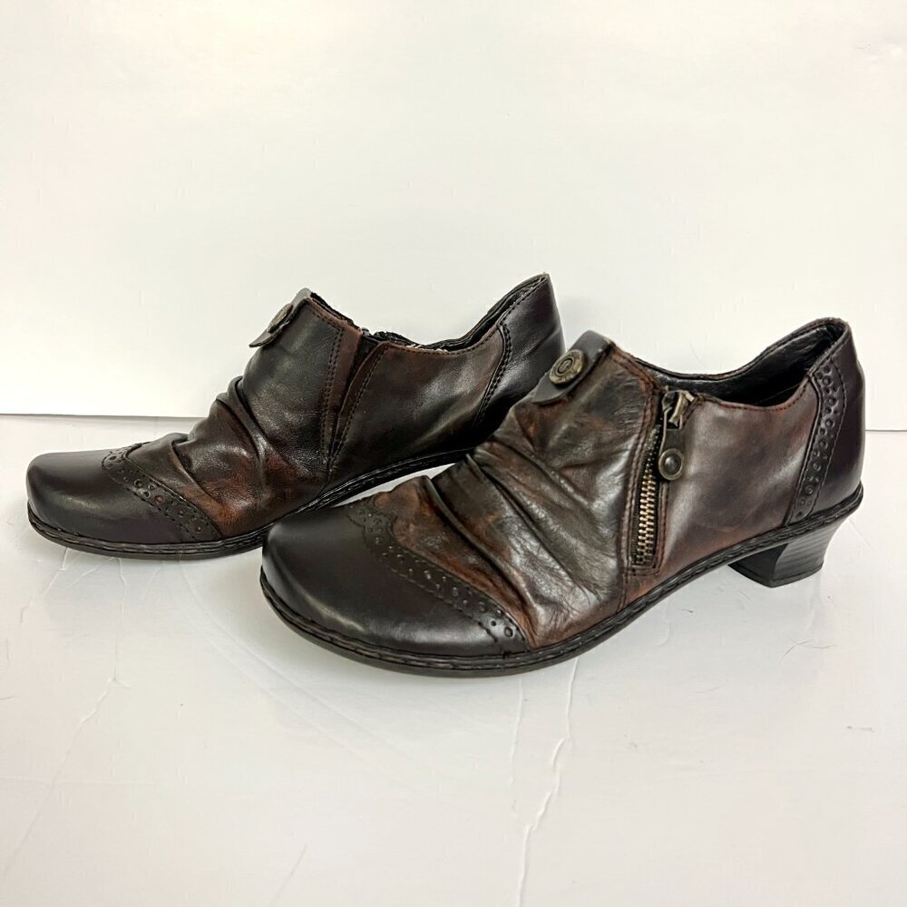 Reiker Louise 80 Leather Ruching Antique Heeled Oxford‎ Shoe Brown Teak Sz 39